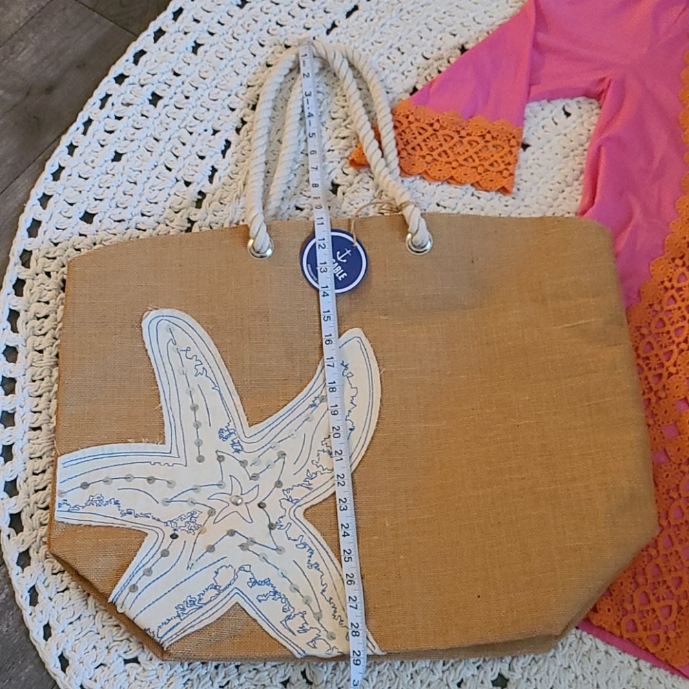 SALE NWOT LG BLUE WHITE  STARFISH BEACH BURLAP BAG - Picture 6 of 16